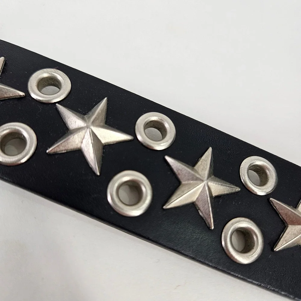 Vintage Hot Topic Black Genuine Leather Star Studded Grommet Belt Sz 34 90s y2k